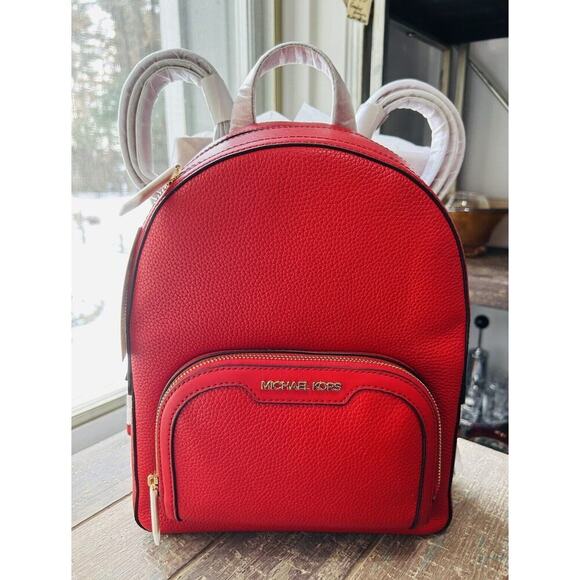 NWT Michael Kors Jaycee Medium Zip Pocket Backpack Leather Bright Red MSRP $498 - Picture 1 of 15